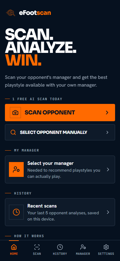 The eFootscan app Home screen with camera scan and manual opponent selection